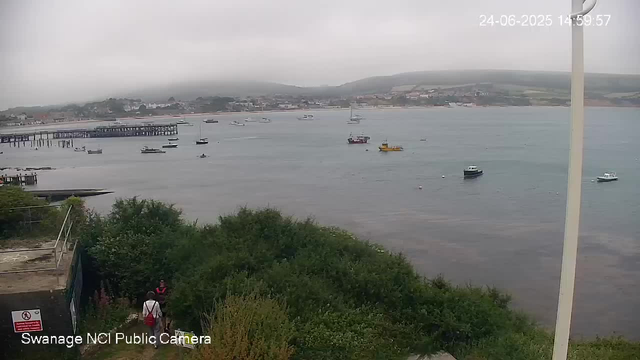 A view of a harbor with several boats floating on the water, with a distant shoreline and hills in the background. The sky is overcast, and part of a pier or dock is visible on the left side. There are some trees and bushes in the foreground, with a few people walking near the bottom left corner. The timestamp shows the date and time as 24-06-2025 14:59:57.