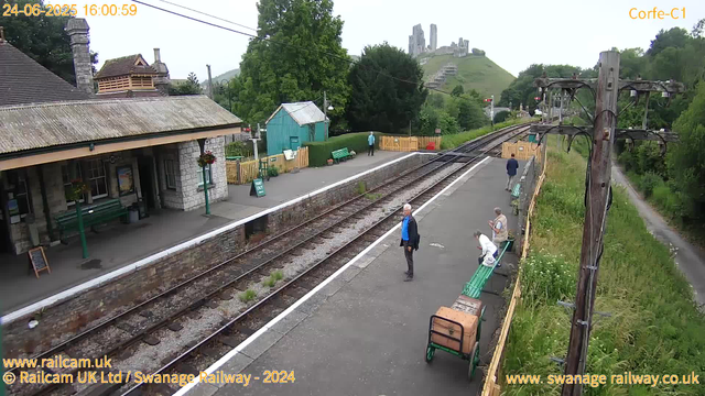 A small railway station platform with a stone building on the left, displaying hanging flower baskets and benches. Three people are present: one standing near the center, another sitting on a bench to the right, and a third person walking away toward the tracks. There is an electric pole with wires on the right side, and a clear view of railway tracks leading into the distance. In the background, a green hillside features a castle ruin at the top. The scene appears to be in a rural area surrounded by trees and greenery.
