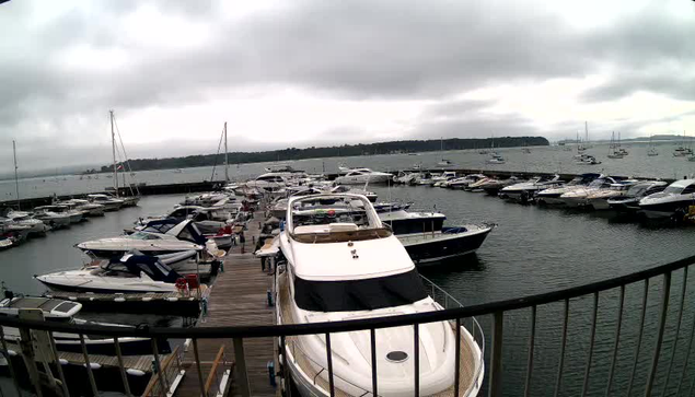 A marina filled with various boats and yachts docked along wooden piers, under a cloudy sky with overcast weather.