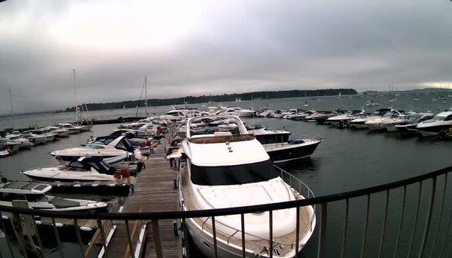 A marina filled with numerous boats and yachts docked along wooden piers. The water is calm, and the sky is overcast with gray clouds. In the background, there is a distant shoreline with trees. The photo appears to be taken from a balcony or platform with a black railing in the foreground.