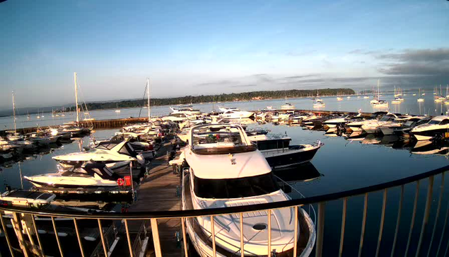 A marina filled with numerous boats and yachts docked along a wooden pier, reflecting the clear sky and calm water. The horizon shows a distant tree-lined shoreline under a partly cloudy sky. The photo is taken from behind a metal railing.