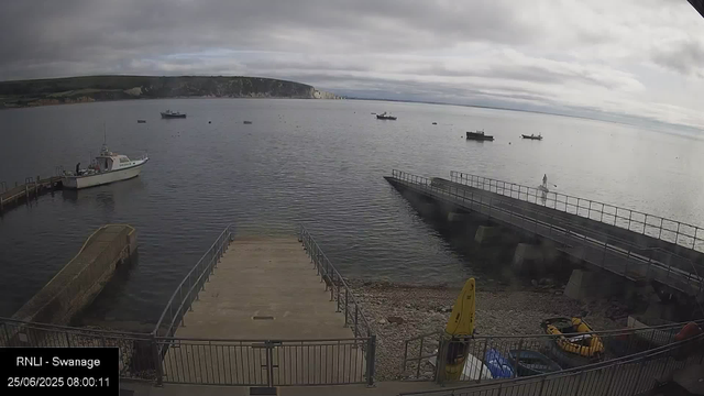 A view of a harbor with a few boats floating on calm water under a cloudy sky. A pier extends into the water on the left, with a white boat docked. To the right, a man is standing on a floating dock with a paddleboard. In the foreground, there's a concrete ramp leading into the water and some yellow safety equipment and a small inflatable boat. The background shows a distant shoreline with cliffs and hills. The timestamp indicates the date and time as 25/06/2025 at 08:00:11, and the location is Swansea.