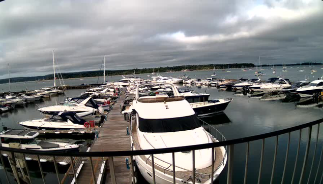 A marina filled with numerous white and dark-colored boats docked along wooden piers. The calm water reflects the boats and the cloudy, overcast sky above. A curved railing is visible in the foreground. In the distance, a shoreline with trees is seen across the water.