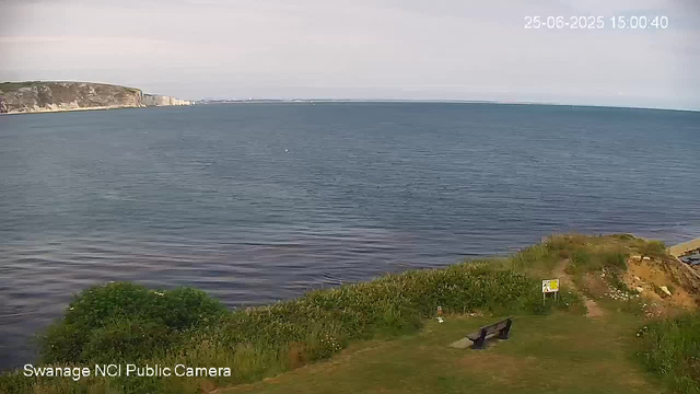 A wide view of a coastal scene from a webcam shows a calm sea with gentle ripples, a grassy area with a bench and some bushes in the foreground, and white chalk cliffs in the distance on the left side. The sky is mostly cloudy with some sunlight, and the image timestamp indicates it was taken on June 25, 2025, at 15:00:40.