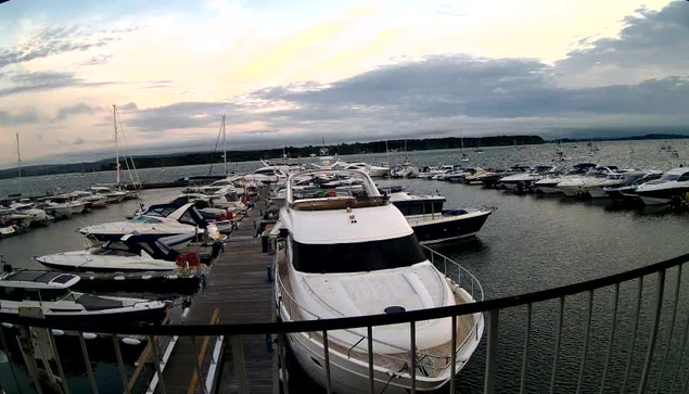 A marina filled with numerous boats and yachts docked along a wooden pier under a cloudy sky. The water is calm, and the scene is captured from an elevated vantage point behind a black railing.