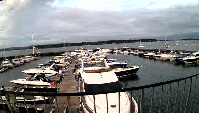 A view of a marina with numerous boats docked along wooden piers, under a cloudy sky. The water is calm, and some boats are moored close together while others are spread out across the harbor. A railing curves in the foreground, partially framing the scene. In the background, there are more boats on the water and a distant shoreline with trees.