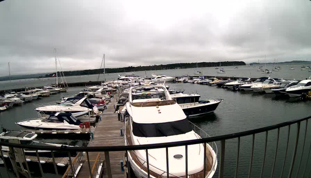 A marina filled with various boats and yachts docked along wooden piers under a cloudy sky, with a distant shoreline visible in the background.
