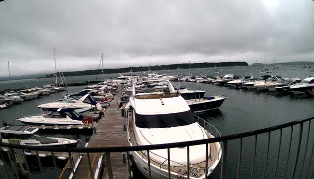 A marina filled with numerous boats docked along floating piers under a cloudy, overcast sky. The boats vary in size and type, including small motorboats and larger yachts. The water appears calm, and there is a barrier railing in the foreground, with a distant shoreline visible across the water.