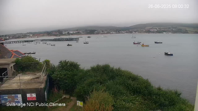 A view of a harbor with several boats floating on calm water, a pier extending into the water on the left, and a town with buildings along the shoreline in the background. The sky is overcast and low clouds or fog obscure the distant hills.