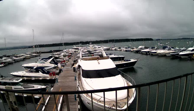 A marina filled with numerous white boats and yachts docked along wooden piers under a cloudy sky, with a distant shoreline and sailboats on the horizon.