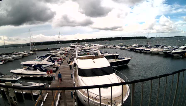 A marina with numerous boats docked along wooden piers extends into a large body of water. The boats vary in size and style, with some large yachts and smaller vessels. The sky above is partly cloudy with dark gray clouds and patches of blue sky. Two people are walking on the dock, seen from behind. The scene is calm with gentle water and distant land visible on the horizon.