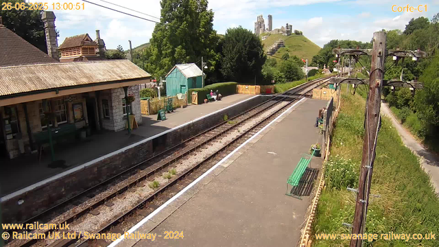 A small train station platform with a building on the left, a green shed, and a bench with two people sitting on it. The railway tracks run through the center, with a wooden fence and shrubbery on the right, and two electric poles with wires overhead. In the background, there is a hill with the ruins of a castle on top. The sky is partly cloudy. A path runs alongside the station to the right, with a grassy area and some flowers. The date and time are displayed in the top left corner.