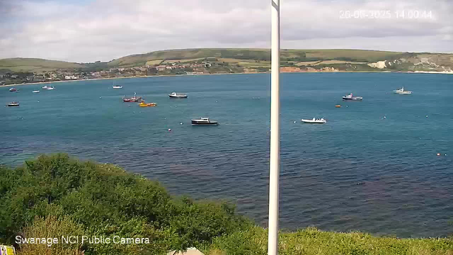 A view of a harbor with several boats floating on calm blue water. In the background, there are green hills under a partly cloudy sky. The image is captured from a webcam positioned near the shoreline, with some lush green foliage in the foreground. The date and time are displayed in the top right corner.