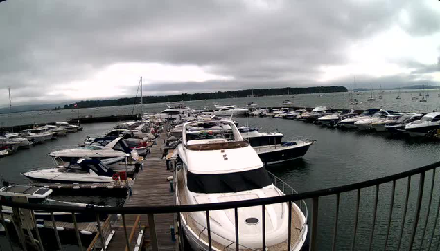 A marina filled with numerous docked boats and yachts under a cloudy sky. The view is from a balcony with a black railing in the foreground. The boats are arranged along wooden piers extending into the water, and some boats are larger with covered decks. The water appears calm, and there is a distant shoreline with trees and low hills on the horizon.