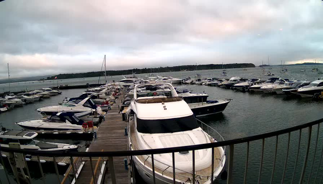 A marina filled with many docked boats and yachts, with a wooden pier extending into the water. The scene is overcast, with a cloudy sky and a distant shoreline visible in the background.