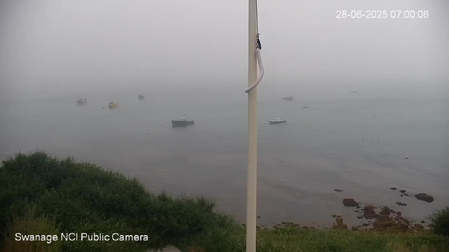 A foggy view of a calm body of water with several boats floating in the distance. In the foreground, there is green vegetation and rocks along the shoreline. A white pole is positioned in the center of the image, slightly obscuring the view. The timestamp in the top right corner reads "28-06-2025 07:00:06".