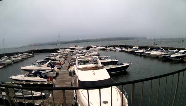 A marina with a wooden pier extending into the water, lined with numerous white motorboats and yachts docked on either side. The water appears calm, and the sky is overcast with gray clouds, creating a moody atmosphere. In the background, there are additional boats scattered across the open water. A curved black railing is visible in the foreground.