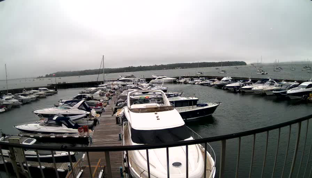 A view of a marina with multiple boats docked along wooden piers. The boats are of various sizes, mostly white, and are lined up in rows. The water appears calm, and the sky is overcast with gray clouds. In the background, there is a distant shoreline with trees. The photo is taken from a balcony or elevated platform with a black metal railing in the foreground.
