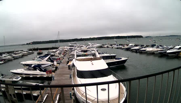 A marina filled with numerous boats and yachts moored along a wooden dock, with an overcast sky and a distant shoreline visible in the background.
