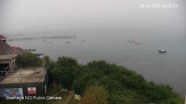 A foggy scene of a harbor with several boats floating on calm water. In the foreground, there are some trees and part of a building with rooftops, and a small fenced-in area. The background shows a bridge extending across the water, partially obscured by fog. The timestamp in the upper right corner reads "28-06-2025 09:00:03."