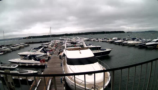 A marina filled with numerous boats and yachts docked along a wooden pier under a cloudy sky, with a distant landmass visible across the water.
