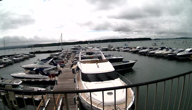 A marina filled with numerous docked boats and yachts on calm water, under cloudy skies, with a distant shoreline visible on the horizon. The photo is taken from a vantage point behind a curved metal railing.