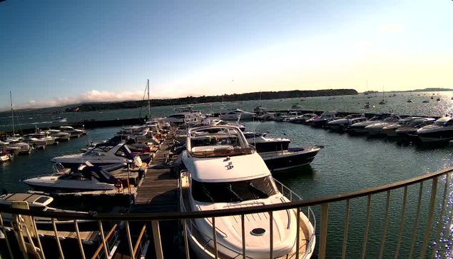 A marina filled with many boats and yachts docked along wooden piers. The water is calm and sparkling under the sunlight, with a clear blue sky overhead. In the distance, there is a shoreline with some landforms and a few more boats on the horizon.