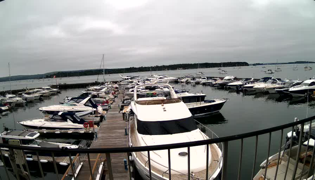 A marina filled with numerous boats and yachts docked along wooden piers. The water is calm, and the sky is overcast with gray clouds. In the background, a tree-lined shoreline is visible across the water.