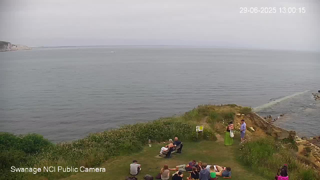 A group of people is gathered on a grassy area near the shoreline, with a few sitting on benches and others standing or lying on the grass. Two women are standing and talking near the edge of the small cliff, overlooking the water. The scene is overcast, with a calm body of water stretching into the distance and a small boat visible on the water. In the background, there are white chalk cliffs along the coast. The image is from a webcam view labeled "Swanage NCI Public Camera," timestamped June 29, 2025, at 1:00 PM.
