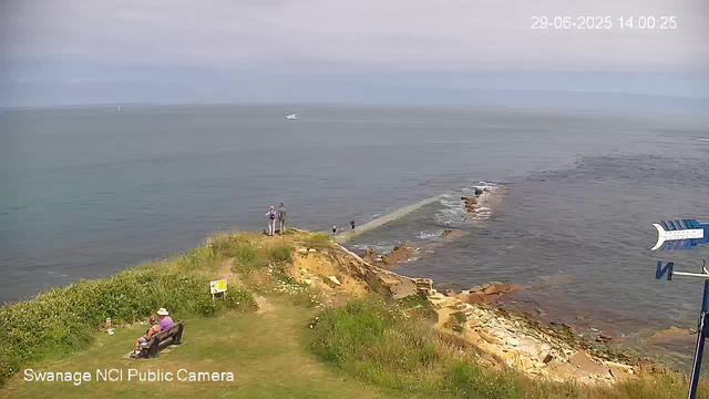 A view of a coastal scene with a grassy area in the foreground where a person wearing a hat is sitting on a bench. Two people are standing on a small rocky jetty extending into the water, looking out at the sea. There is a boat sailing in the distance on calm water. A weather vane with a blue and white design is visible on the right side of the image. The timestamp in the top right corner shows "29-06-2025 14:00:25," and the bottom left indicates it was taken by a Swanage NCI Public Camera.