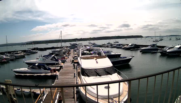 A view of a marina with multiple boats docked along wooden piers. The boats vary in size and style, and the water is calm, reflecting the overcast sky. In the background, there is an expanse of water with additional boats and a distant shoreline with some greenery. The photo appears to be taken from a balcony or a platform with a curved railing in the foreground.
