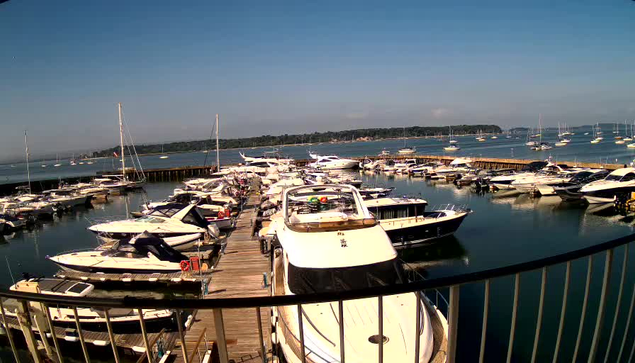 A wooden pier extends into a calm marina filled with numerous white and dark-colored boats and yachts, with more boats anchored in the distance. The sky is clear and blue, and a landmass with trees is visible on the horizon.