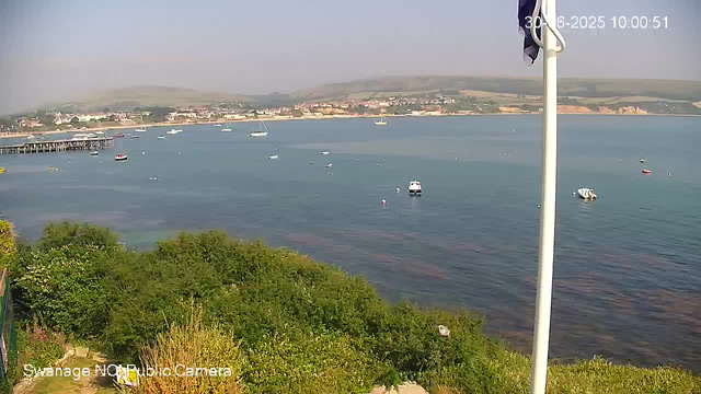 A view of a calm harbor with several small boats floating on the water. In the foreground, there is lush green foliage and a pole with a flag attached. Across the water, a town with buildings and a pier extends along the shoreline, with rolling hills in the background. The sky is clear, and the image is time-stamped June 30, 2025, at 10:00:51.