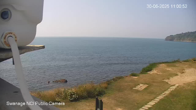 An image from a webcam showing a coastal scene with a body of water extending to the horizon. In the foreground, there is a grassy area with some stone pathways, shrubs, and rocks along the shoreline. On the right side, a hill covered with trees and vegetation slopes down toward the water. The sky is clear, and the scene appears to be during daytime. A small part of a device is visible in the top left corner. The timestamp in the top right corner reads "30-06-2025 11:00:52," and the bottom left corner indicates "Swanage NCI Public Camera."