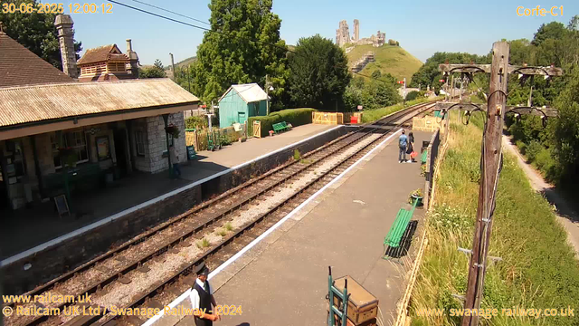 A small train station platform with a building on the left, trees in the background, and a castle on a hill in the distance. There are two people standing on the platform near the tracks, and a person wearing a hat is walking at the bottom left corner. The tracks run centrally through the image, with utility poles on the right side and green benches along the platform. The sky is clear and sunny.