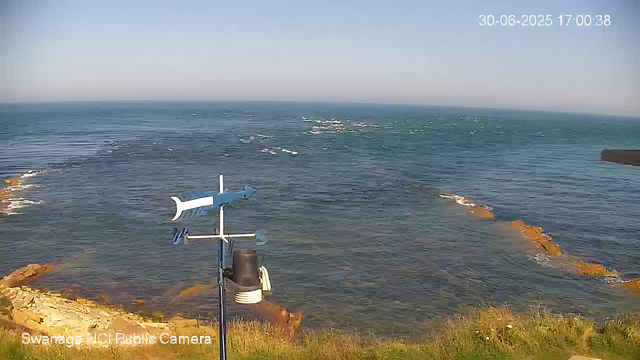 A view of the ocean from a webcam, showing a calm sea with gentle waves and some rocks along the shoreline. The sky is clear, and the timestamp in the top right corner indicates the date and time as June 30, 2025, at 5:00 PM. In the foreground, there is a weather vane and an anemometer mounted on a pole, with grass and small plants nearby.