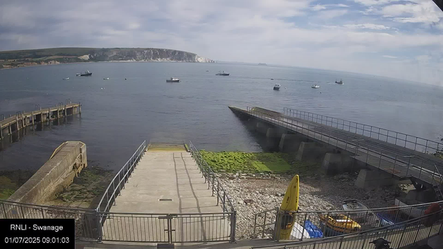 A view of a harbor with several small boats floating on calm water. In the foreground, there are concrete and metal structures leading into the water, along with some green algae and a yellow life buoy. The background features a distant landmass with cliffs and a partly cloudy sky.