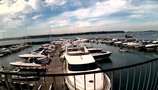 A marina filled with various boats and yachts docked along wooden piers under a partly cloudy sky. The water is calm, and there is a distant shoreline visible in the background. A black railing is in the foreground.