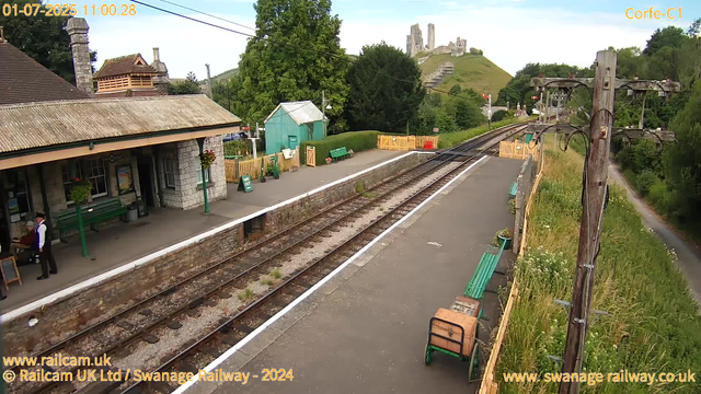 A small train station platform with a stone-building shelter on the left, where a person in a white shirt and black vest is standing near a bench. The platform has green benches and flower pots along the fence. Railway tracks run through the center of the image, with a semaphore signal in the distance. In the background, there's a green hill with ruins of a castle on top, surrounded by trees and greenery. Overhead electric lines run above the tracks, supported by wooden poles. The sky is partially cloudy with some patches of blue.