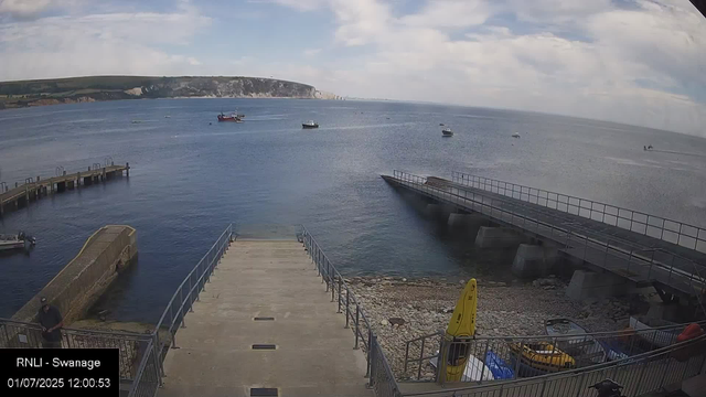 A view of a harbor with several small boats floating on calm water. There is a floating dock extending into the water on the left, and a concrete pier with metal railings on the right. In the foreground, a person is standing near the edge of the concrete dock. Additional equipment and a yellow life-saving board are visible near the bottom right. The sky is partly cloudy with patches of blue. In the distance, a cliff or hillside runs along the horizon.