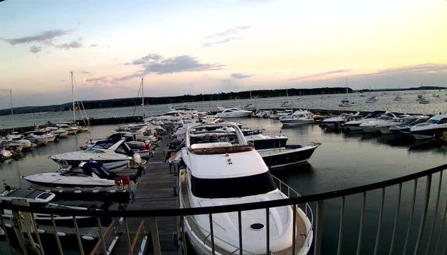 A marina filled with various boats and yachts docked along wooden piers, with calm water reflecting the vessels. In the background, there is a breakwater and a sky with soft, pastel-colored clouds during either sunrise or sunset. A black metal railing is visible in the foreground.