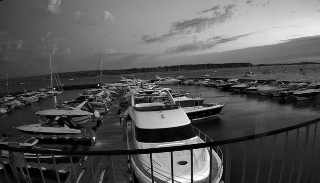 A black and white image of a marina at sunset, with numerous boats and yachts docked along wooden piers. The sky above has a few scattered clouds, and the horizon line stretches across the background. A curved railing is visible in the foreground.