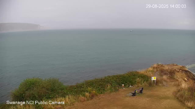 A wide view of a coastal scene showing a grassy area with two benches, a sign, and some bushes in the foreground. Beyond the shoreline, there is a large body of water with a few small boats and distant cliffs partially obscured by fog. The sky is overcast and appears gray. The timestamp in the top right corner reads "29-08-2025 14:00:03."