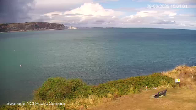 A scenic view of a large body of calm, blue-green water, with a distant shoreline topped with cliffs and some buildings. The sky is partly cloudy with patches of sunlight. In the foreground, there is green shrubbery, a bench, and a small sign on the right. The image appears to be captured from a webcam overlooking the water. The timestamp in the upper right corner indicates the date and time as August 29, 2023, at 15:01:04.