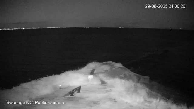 A black-and-white webcam image shows a dark, open landscape with a dirt or gravel road in the foreground. The road appears wet or muddy, with tire tracks visible. The background is mostly dark with minimal light, and a faint outline of distant lights or buildings can be seen on the horizon. The sky is dark, indicating nighttime. In the upper right corner, a timestamp reads "29-08-2025 21:00:20." The bottom left corner has the text "Swanage NCI Public Camera."