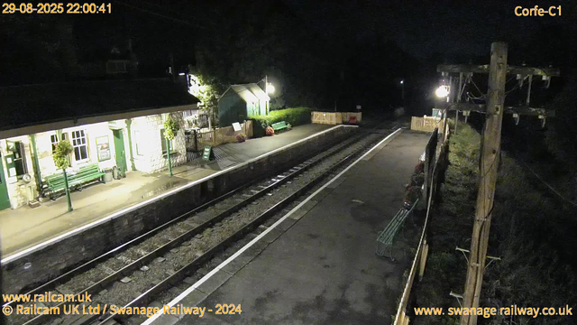 A nighttime image of a small railway station platform illuminated by a few lights. There are a few benches, some plants in pots, and a small building on the left side. The railway tracks run through the middle of the image. On the right side, there is a wooden fence, a utility pole with wires, and some plants or flowers. The timestamp in the top left corner reads "29-08-2025 22:00:41".