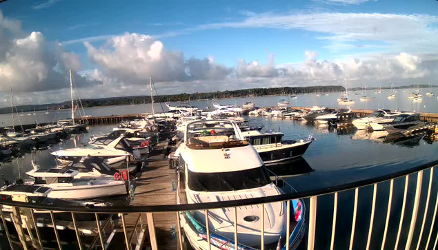 A marina filled with numerous white and black boats docked along wooden piers, with calm water reflecting the boats. In the background, there is a large body of water extending to a distant shoreline with trees, under a partly cloudy sky with some blue visible.