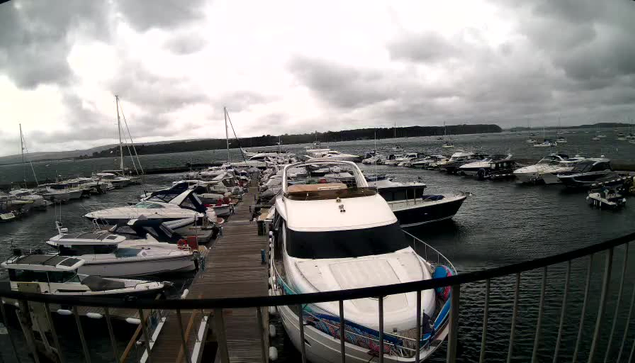 A marina filled with various boats and yachts docked along wooden piers, under an overcast sky with dark clouds. The water is calm, and a distant shoreline is visible in the background.