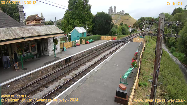 A small train station platform with a stone building on the left and a covered waiting area. There are a few people standing near the entrance, some benches with flower pots nearby. A green shed and a yellow picket fence are across the platform. Railway tracks run through the center, with overhead electric lines supported by tall wooden poles on the right. In the background, there is a hillside with a castle ruins on top, surrounded by trees and greenery. The sky is overcast.