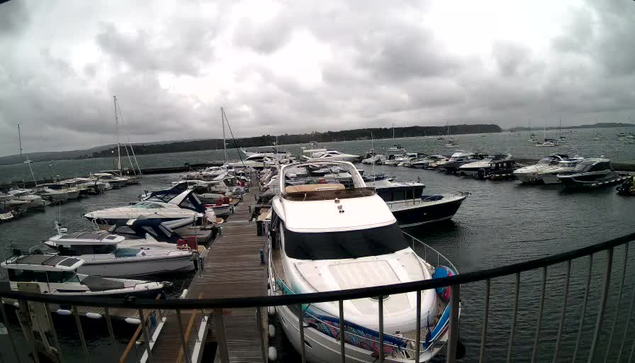 A marina with numerous boats docked along wooden piers under a cloudy sky, with calm water and a distant shoreline in the background.